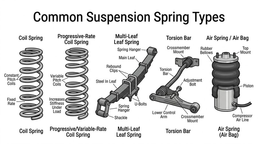 Common suspension spring types including coil spring, progressive-rate coil spring, multi-leaf spring, torsion bar, and air spring.