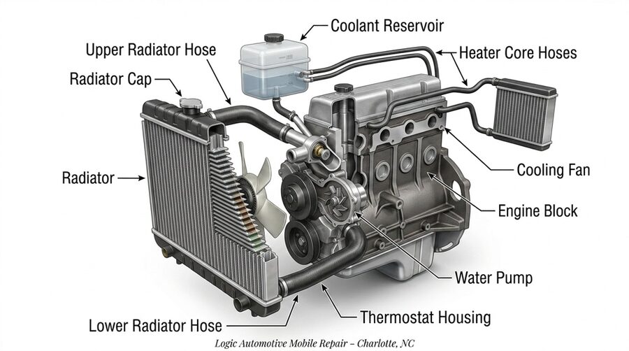 Cooling system diagram showing radiator, water pump, thermostat housing, hoses, coolant reservoir, heater core hoses, cooling fan, and engine block.