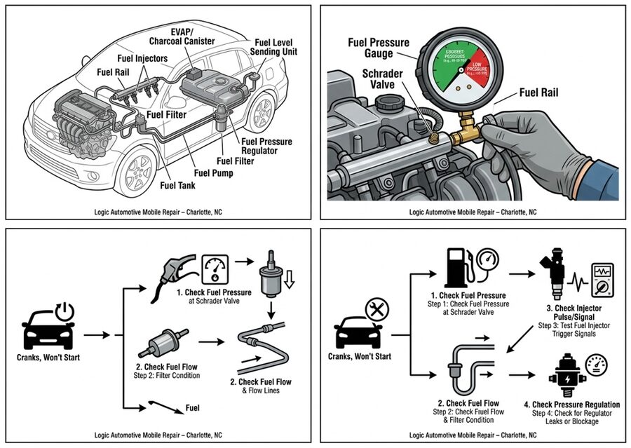Fuel system diagnostic diagrams showing fuel rail, fuel injectors, fuel pump, fuel filter, fuel pressure gauge, fuel flow checks, and injector pulse testing.