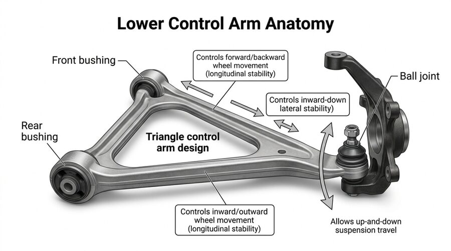 Lower control arm diagram showing front bushing, rear bushing, ball joint, and triangular control arm design.