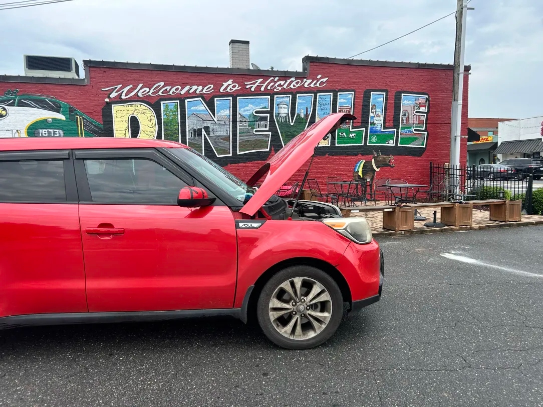 Mobile mechanic service in downtown Pineville near Railroad Place and the Welcome to Historic Pineville mural