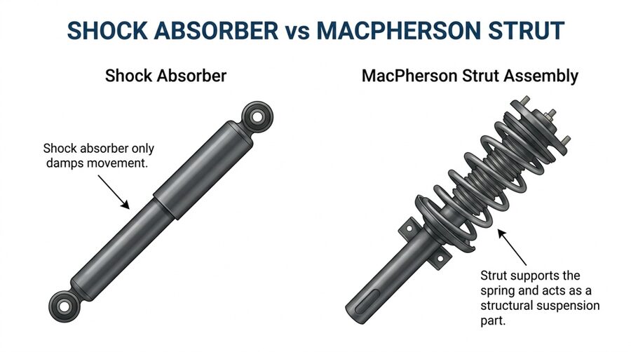Shock absorber and MacPherson strut comparison showing that a shock dampens movement while a strut supports the spring and suspension structure.