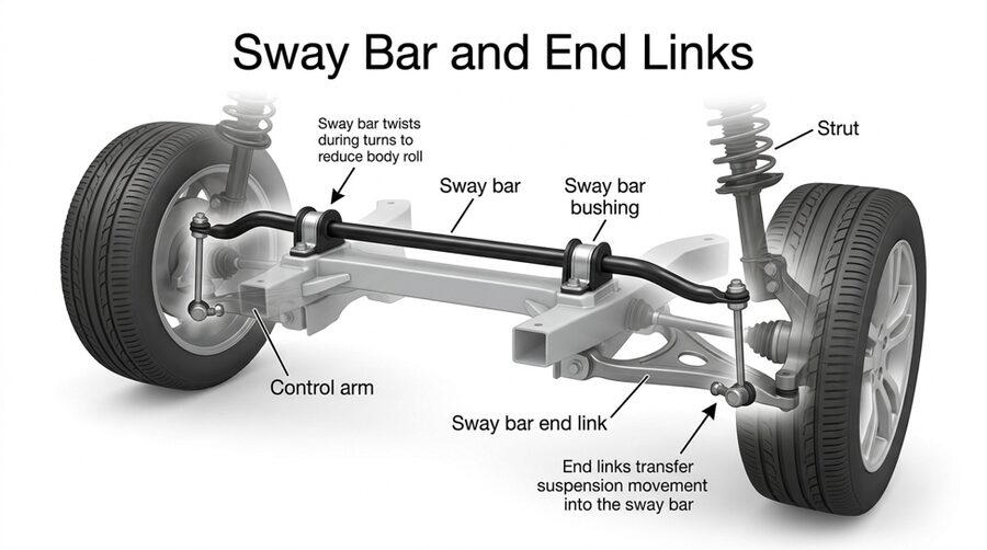 Sway bar and end link diagram showing sway bar, sway bar bushing, strut, control arm, and end links.